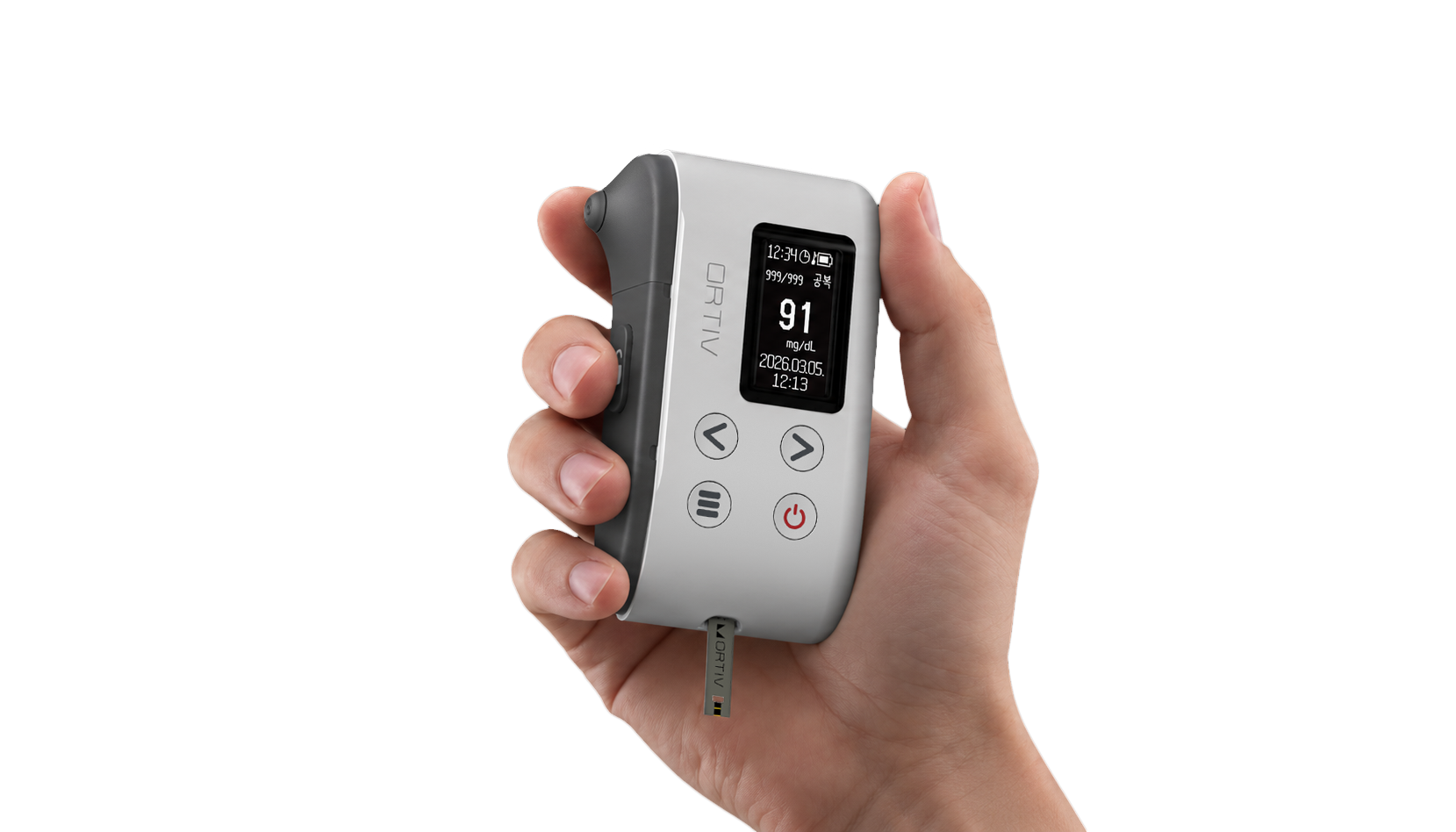 ORTIV blood glucose meter held in hand